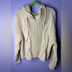BiBi Cable Knit Hooded Sweater Cream Cozy Chunky Cottagecore